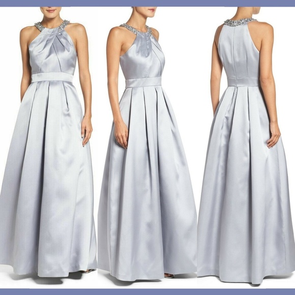 NWT Eliza‎ J Beaded Bejeweled Pleated Ball Gown in Grey/Silver [SZ 2 ]